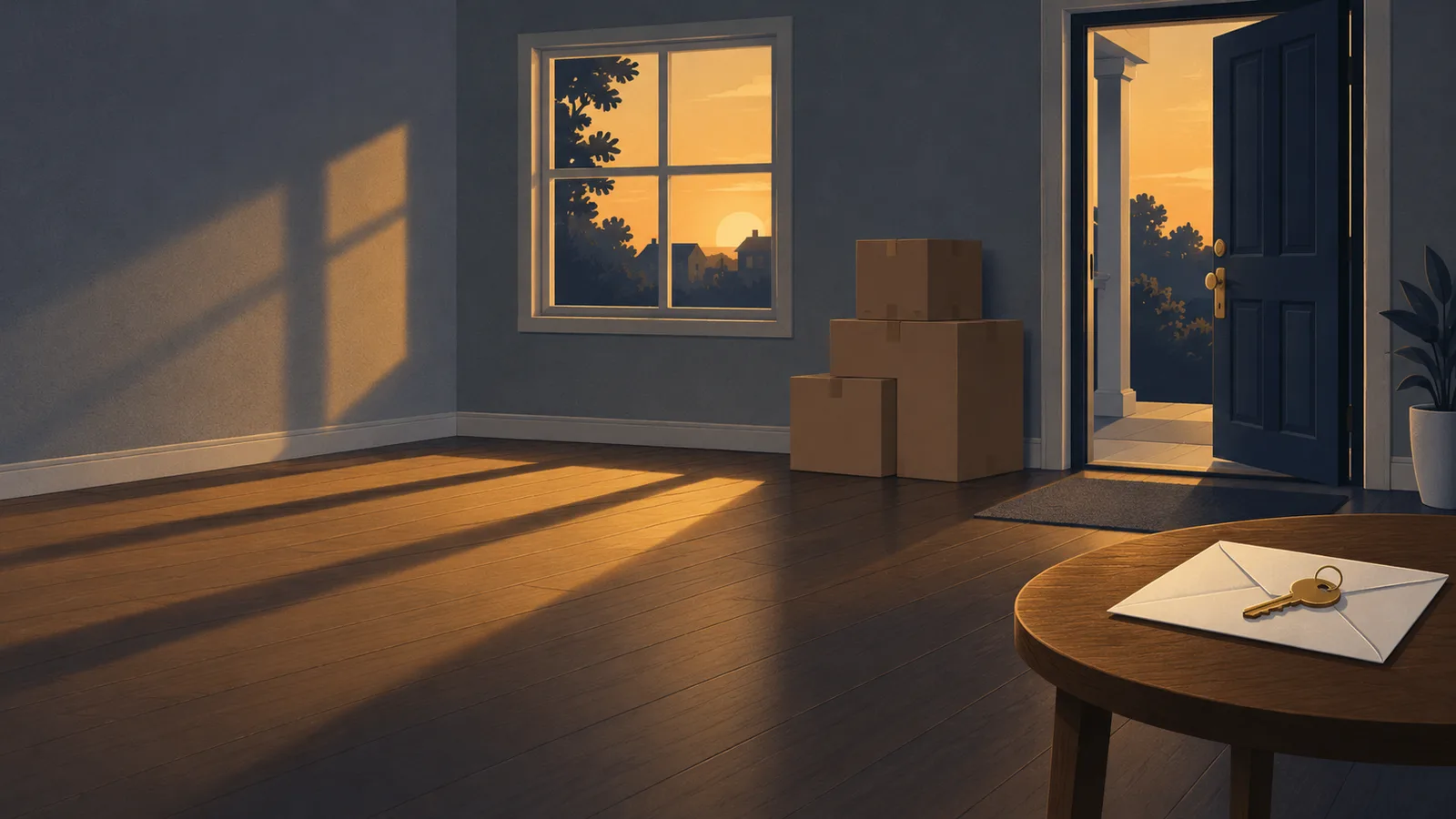 Illustration of an empty rental living room at dusk on move-out day, with moving boxes stacked by an open front door and a gold key resting on a plain envelope on a small table.