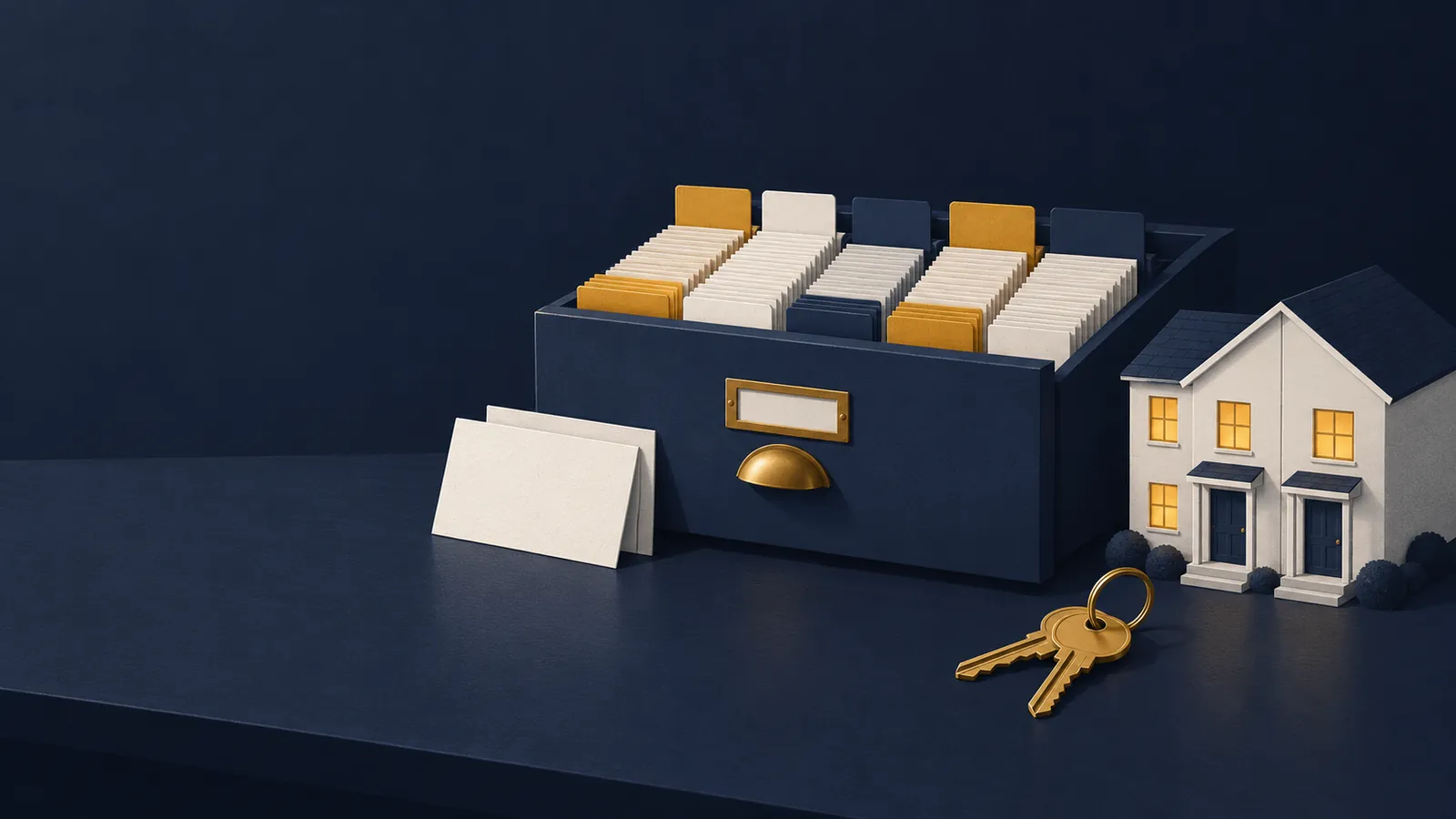 Illustration of an open card-index drawer with blank gold, white and navy tabs sorted into five groups, beside a model duplex with lit windows and a pair of gold keys.