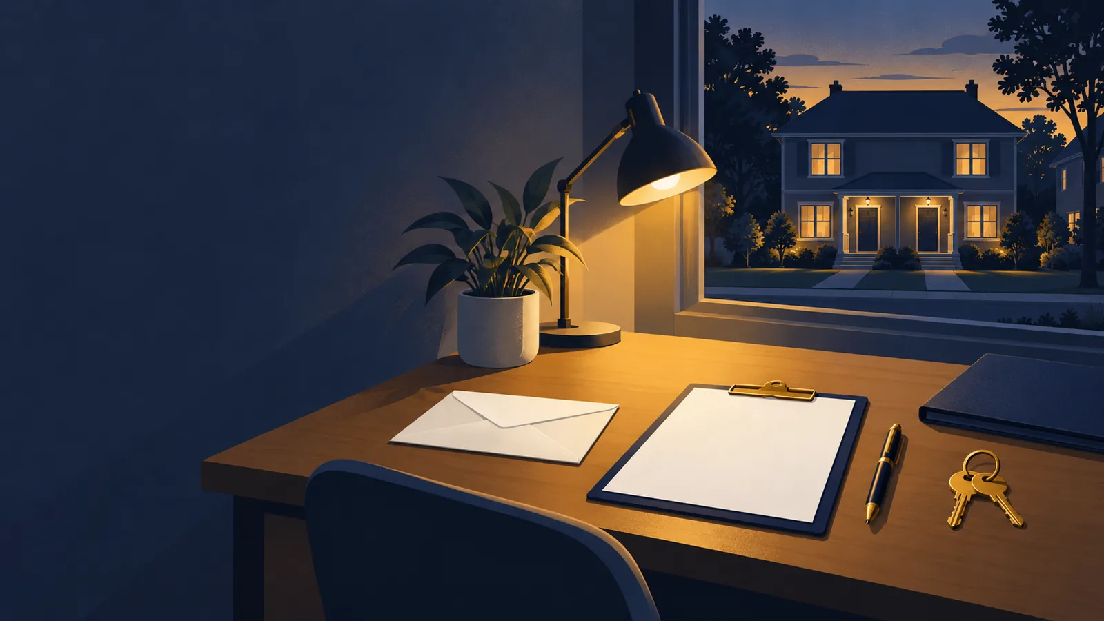 Illustration of a home-office desk at dusk by a window: a plain envelope, a blank sheet on a clipboard, a pen, a desk lamp casting warm gold light, a potted plant, a closed folder and a pair of gold keys, with a lit two-story duplex across the street.