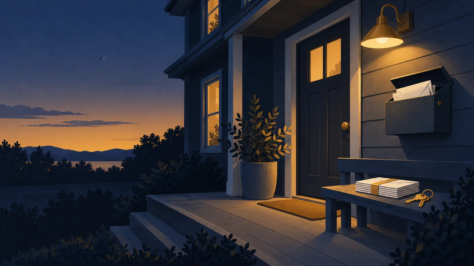 Illustration of a rental front porch at dusk: a wall-mounted mailbox by the door with a few plain envelopes inside, a banded stack of envelopes and a pair of gold keys on a porch bench, a potted plant and a glowing porch light.