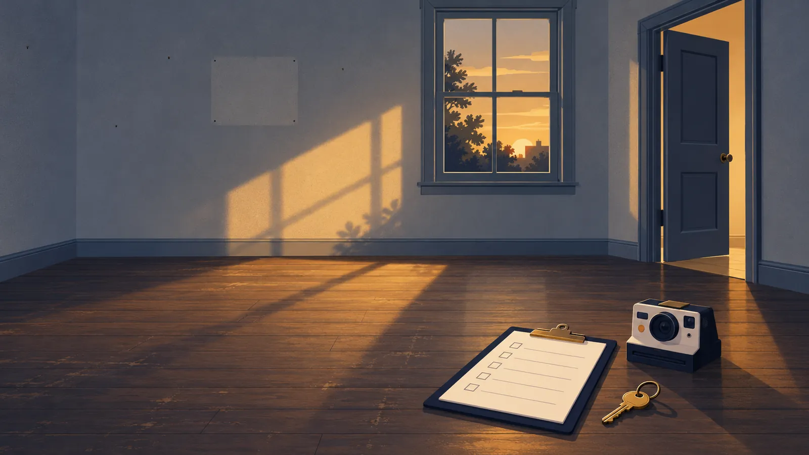 Illustration of an empty rental room at move-out in evening light, with faint nail holes on the wall, a worn wood floor, and a clipboard checklist, an instant camera and a gold key on the floor.