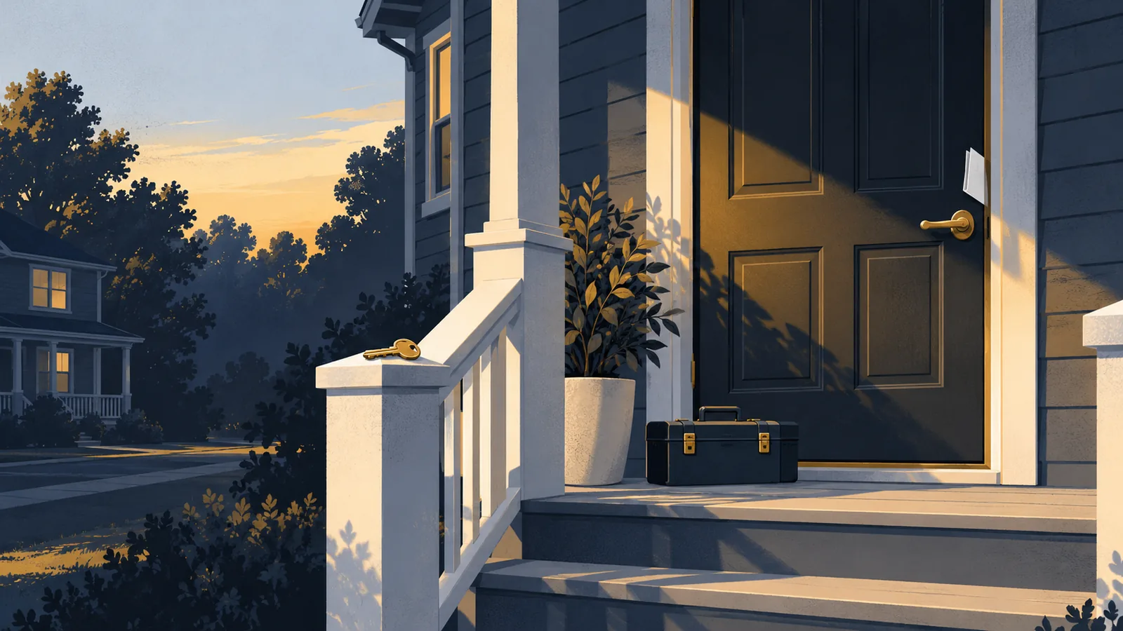 Illustration of a rental duplex porch in warm, low sunlight: a closed front door with a gold handle and a blank folded note tucked into its frame, a toolbox on the porch, a potted plant and a gold key resting on the porch rail.