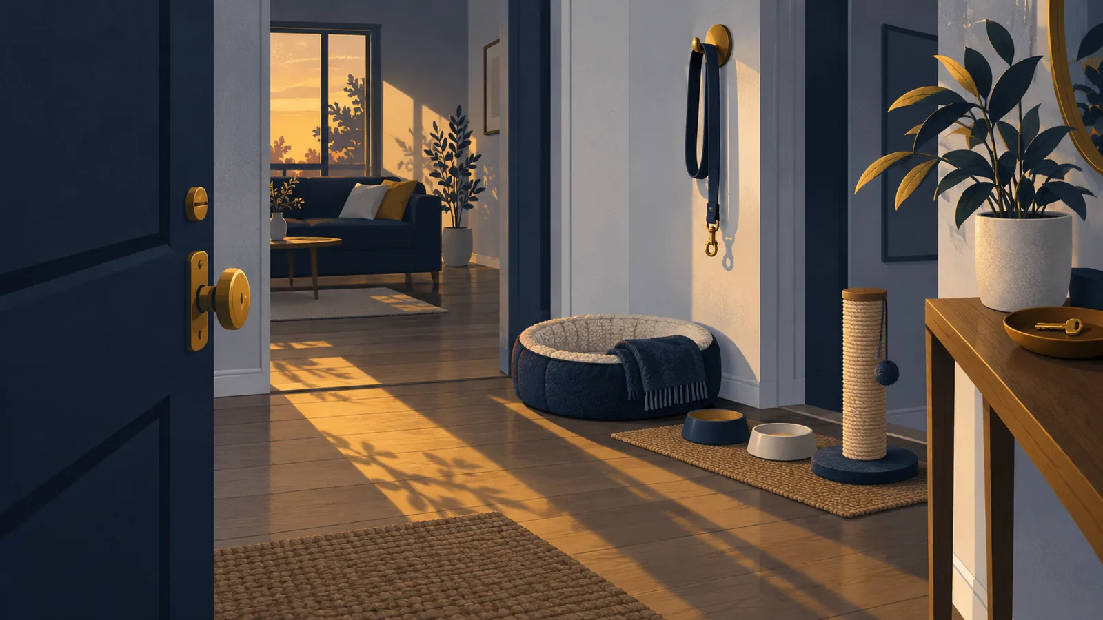 Illustration of a tidy rental entryway in warm evening light through an open front door: a round pet bed with a folded blanket, a leash on a gold wall hook, two bowls on a mat, a scratching post, a potted plant and a gold key in a dish on a console table.