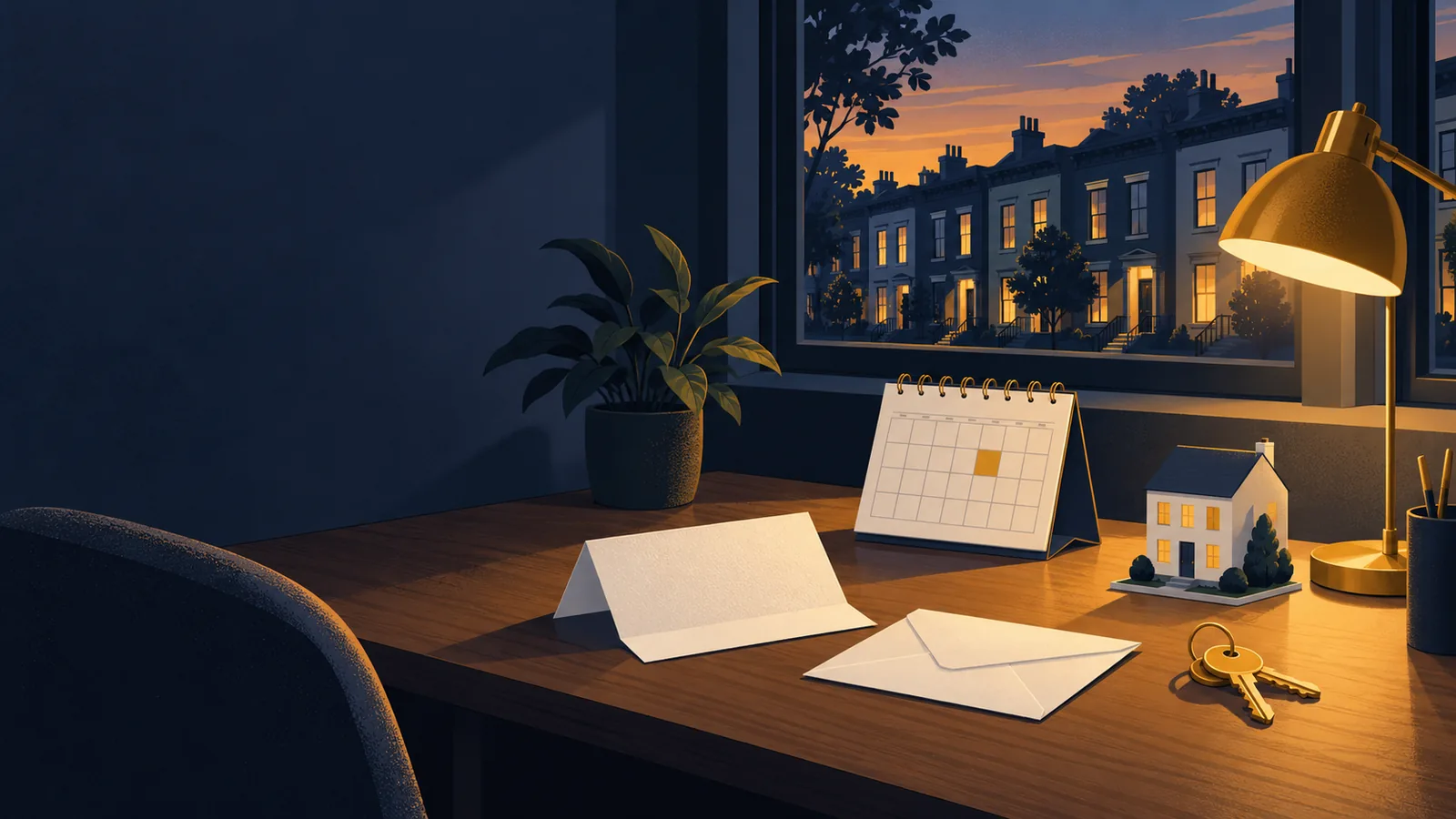 Illustration of a home office desk at dusk by a window looking out on a row of townhouses: a folded blank letter and a sealed envelope, a desk calendar drawn as a blank grid with one square lit in gold, a small model house, a pair of gold keys and a glowing desk lamp.
