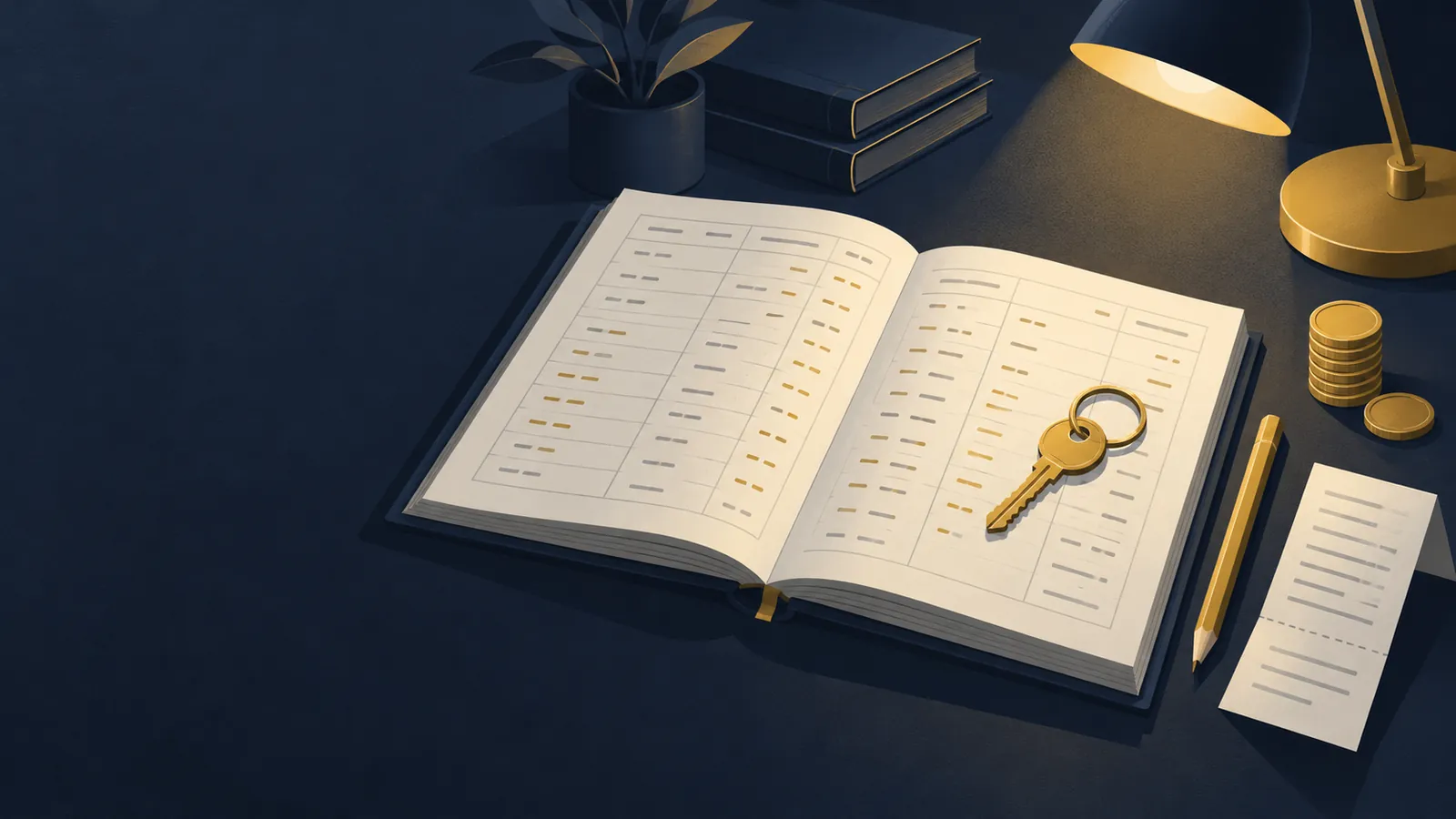 Illustration of an open ledger book with ruled columns, a gold key on the page, a pencil, a stack of coins and a receipt under a desk lamp.