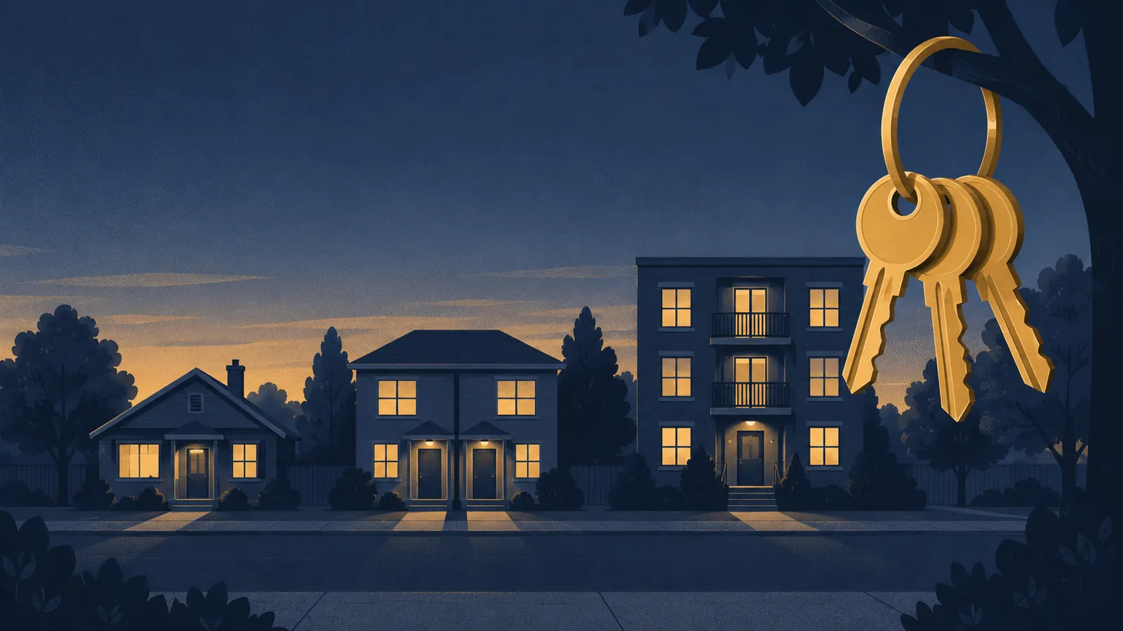 Illustration of a single-family house, a duplex and a small apartment building at dusk, with a gold key ring holding three keys.