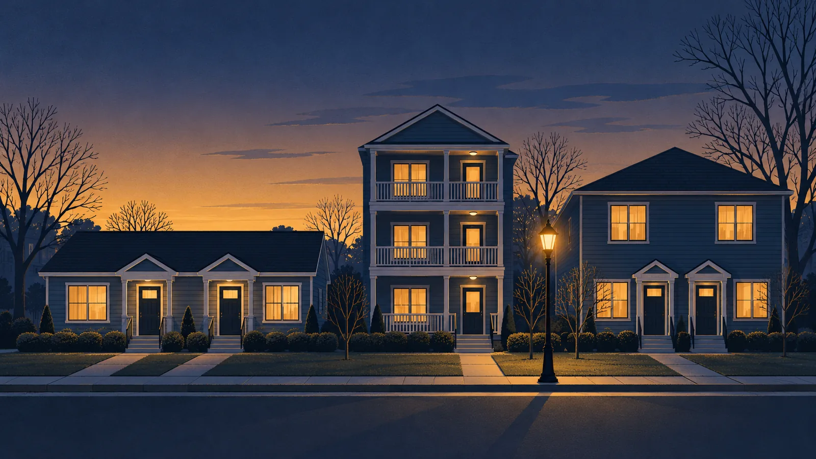 Illustration of a quiet street at dusk with three small multi-unit homes side by side: a side-by-side duplex with two front doors, a three-story triplex with stacked porches and a two-story fourplex with four windows lit in gold, beside a glowing lamppost.