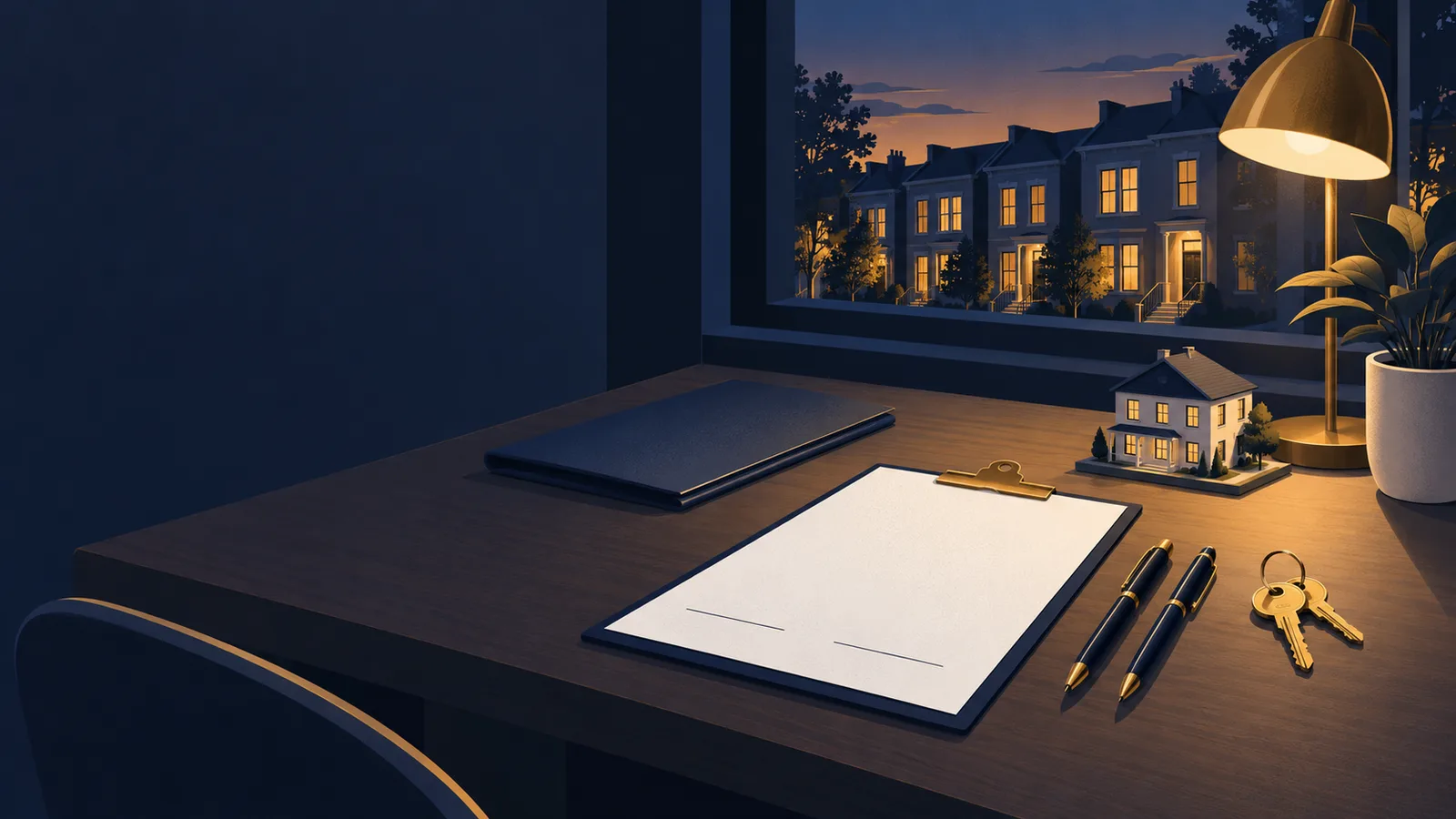 Illustration of a home-office desk at dusk by a window: a blank lease on a clipboard with two empty signature lines, two pens side by side, a gold key ring, a small model house, a closed folder and a desk lamp casting warm gold light, with a lit row of townhouses outside.