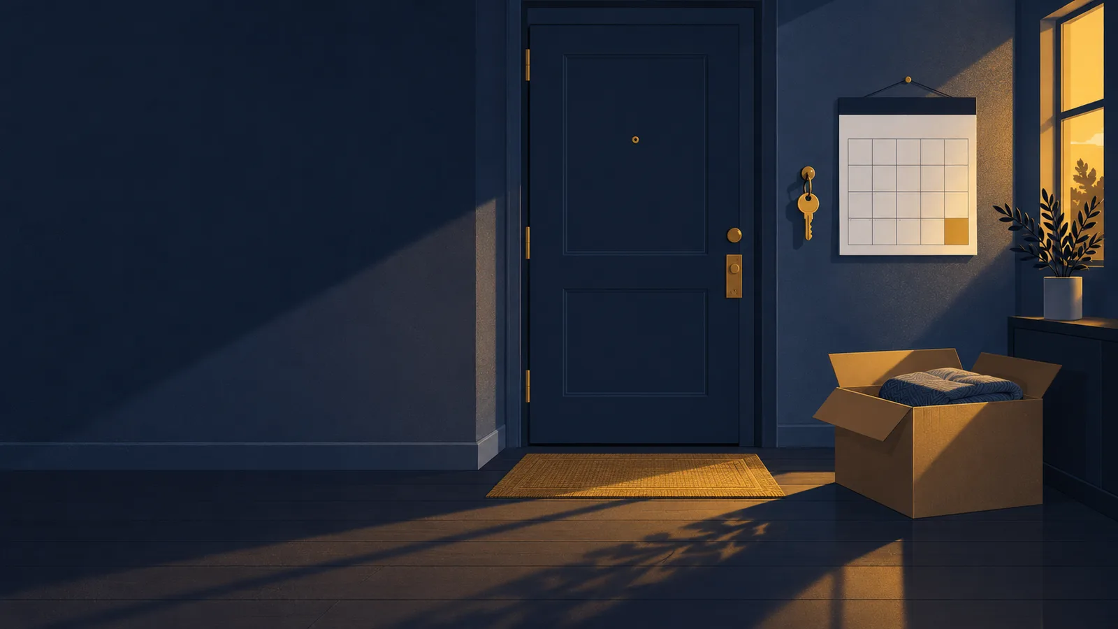 Illustration of a rental entryway at dusk: a closed front door, a gold key on a wall hook, a wall calendar drawn as a blank grid with its last square lit in gold, and a half-packed moving box on the floor.