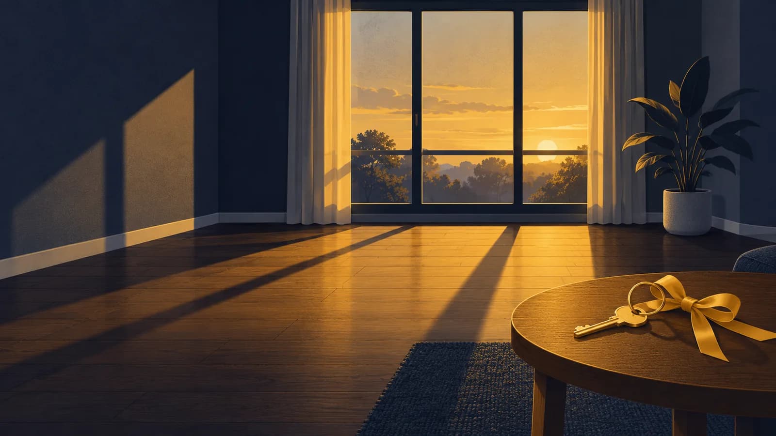 Illustration of an empty apartment living room at dusk, with gold evening light through a tall window and a single gold key tied with a gold ribbon bow on a small round side table.