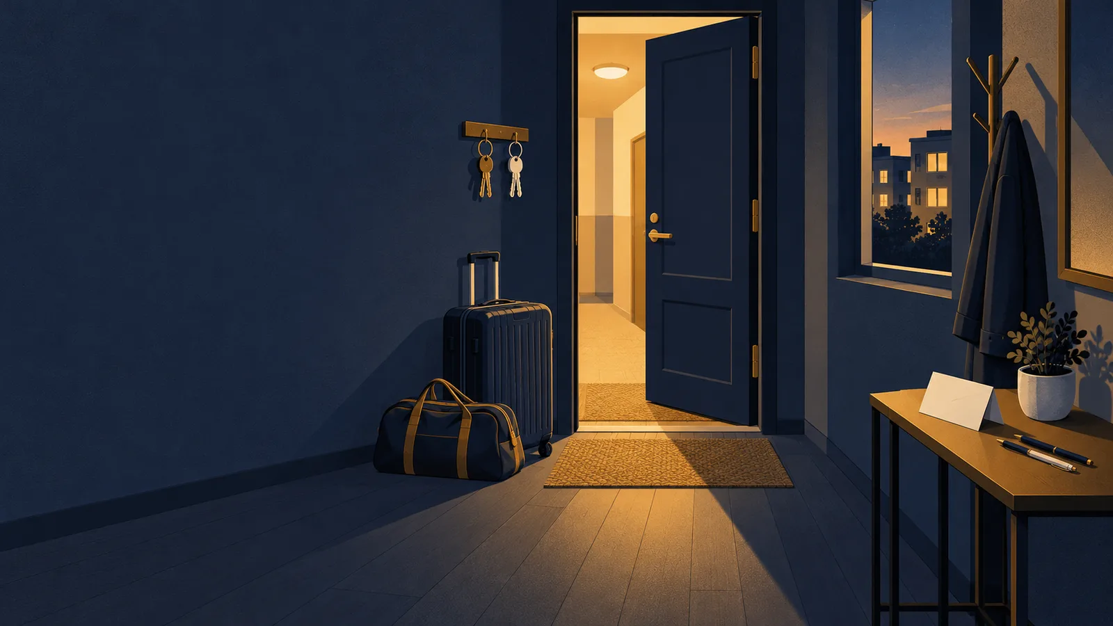 Illustration of an apartment entry hall at dusk: the front door stands open onto a lit hallway, a suitcase and a duffel bag wait beside it, two key rings hang side by side on a wall hook, and a side table holds a blank folded card, two pens and a potted plant.