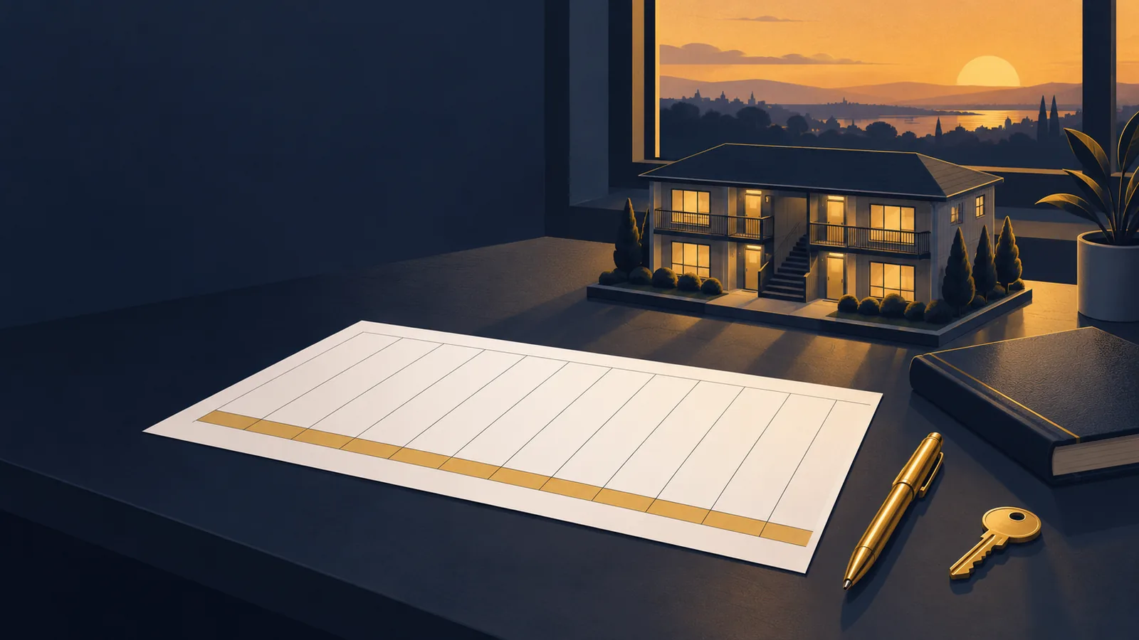 Illustration of a desk at dusk: a sheet of paper ruled into twelve blank columns with a gold band along the bottom row, a model fourplex with lit windows, a closed ledger book, a gold pen and a gold key.
