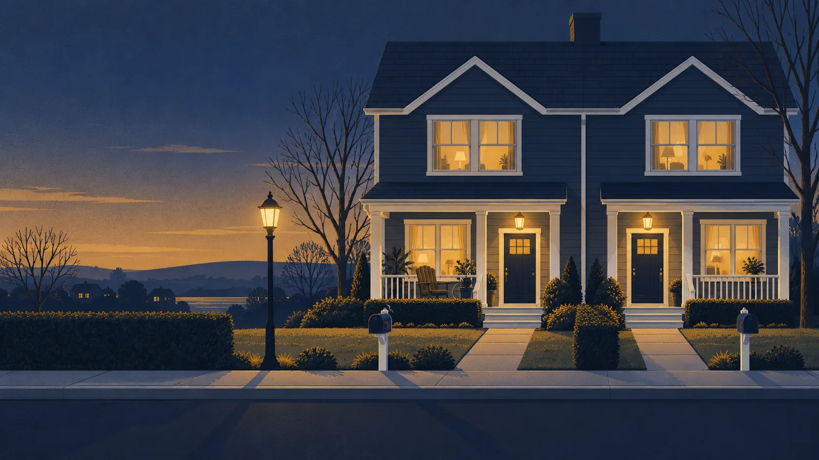 Illustration of a two-story side-by-side duplex at dusk with one shared roof: the left half has a porch chair, potted plants and warm gold light in its windows, the right half has its own front door and porch lamp, and two matching mailboxes stand at the curb beside a glowing lamppost.