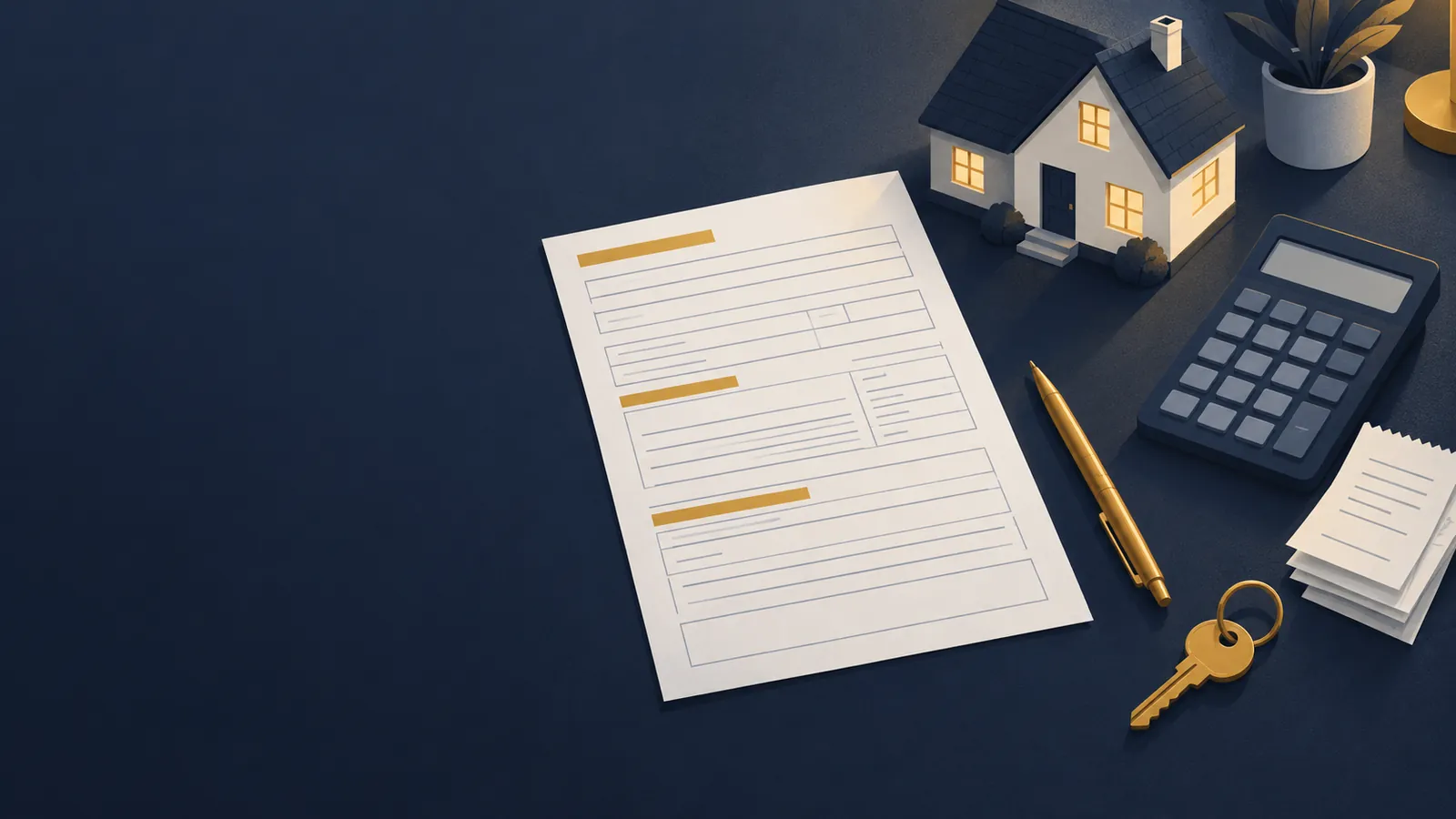 Illustration of a paper tax form shown as blank ruled boxes with gold highlights, beside a model house, a gold pen, a calculator, a stack of receipts and a gold key.