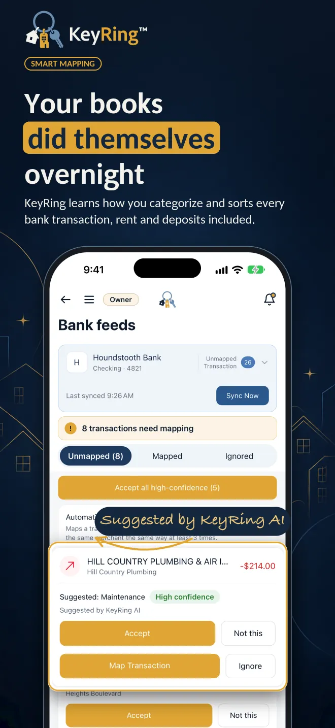 Smart mapping: your books did themselves overnight. KeyRing AI suggests a category for each bank transaction on the Bank feeds screen.