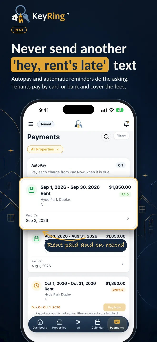 Rent: autopay and automatic reminders do the asking. The tenant Payments screen shows September rent paid and on record.