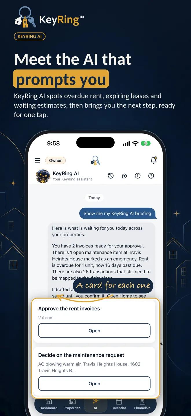 KeyRing AI: the assistant briefs you on overdue rent, expiring leases and waiting estimates, with a card for each next step.