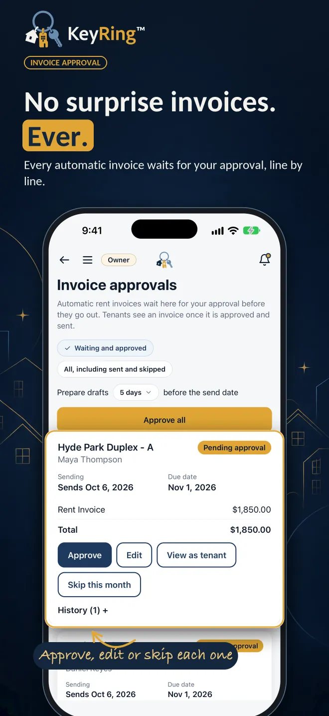 Invoice approval: every automatic invoice waits for your approval, with Approve, Edit and Skip this month on each one.