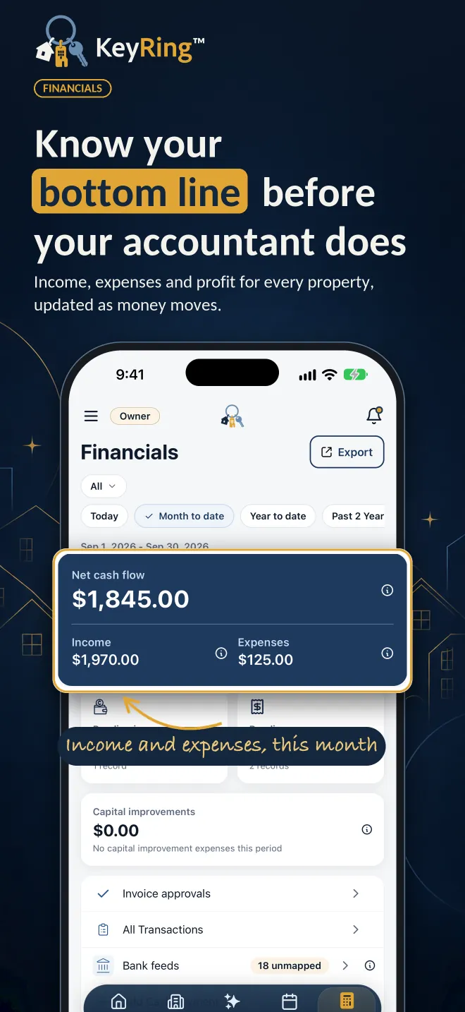 Financials: income, expenses and net cash flow for every property, updated as money moves.