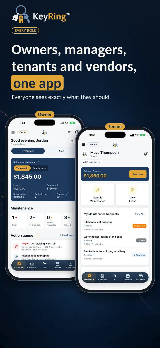 Every role: owners, managers, tenants and vendors in one app, shown as the owner and tenant home screens side by side.