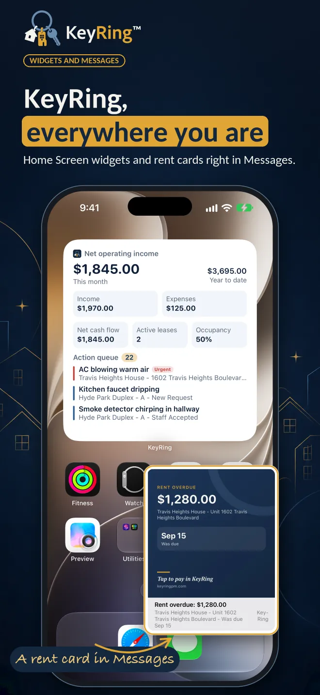 Widgets and Messages: a KeyRing Home Screen widget with net operating income, and a rent card in Messages.