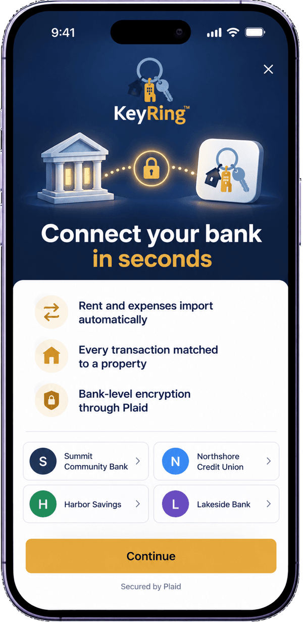The KeyRing app connecting a bank account through Plaid